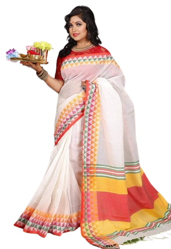 White and red combination saree for pooja