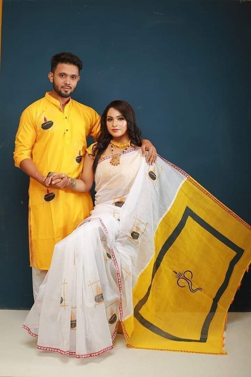 Puja special saree and punjabi couple set