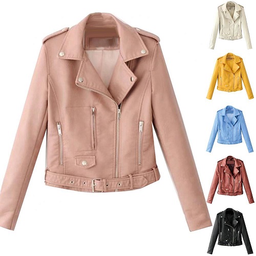 Women Bike Coat Leather Long Sleeve Lapel Outwear Zipper Outfit Button Pocket Jacket Spring Autumn Women Fashion Short Coat