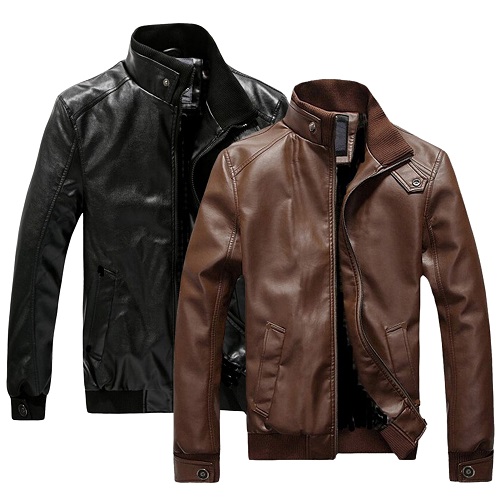 Men Motorcycle Jacket Stand Collar Pure Color Pockets Coat