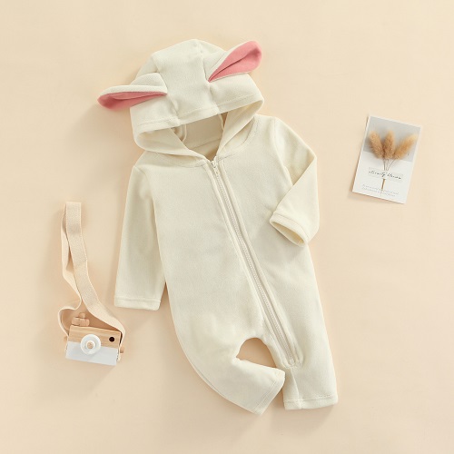 Baby Long Sleeve Romper Smooth Zipper, Solid Color Spring Clothing