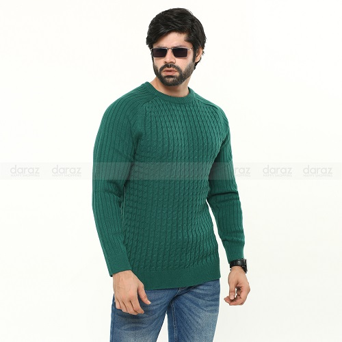 Premium Quality Blue Color Cotton Wool And Spandex Full Sleeve Cable Crew Sweater For Men
