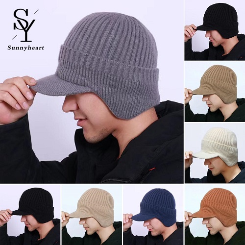 Solid Color Men's Hat Windproof Knitted Hat with Earmuffs 