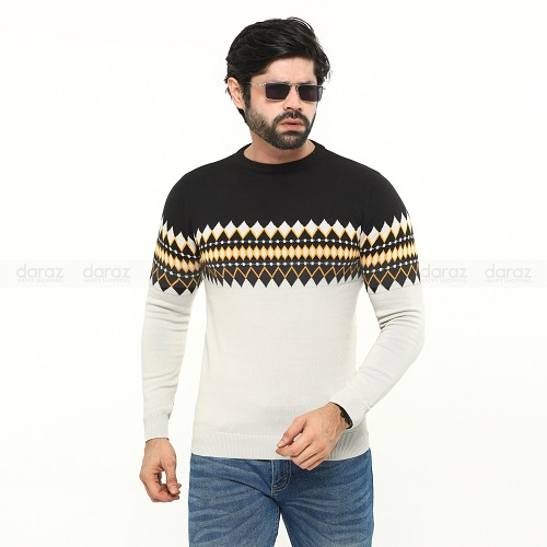 Premium Quality Silver Black Color Cotton Wool And Spandex Full Sleeve jacquard Sweater For Men